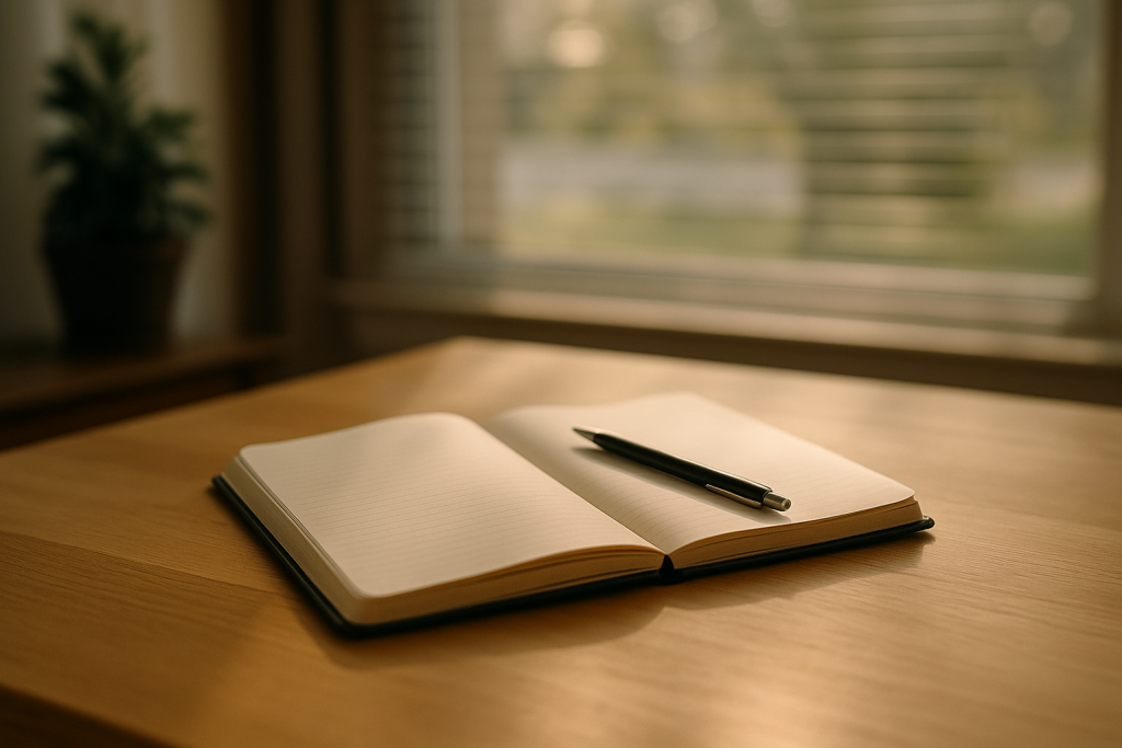 Carnet ouvert posé sur une table en bois, dans une lumière douce, symbole d’un moment de réflexion personnelle.