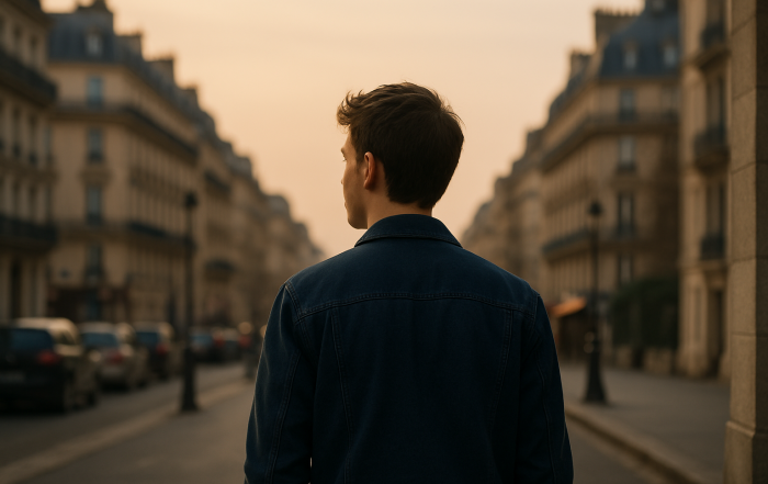 Personne marchant dans une rue parisienne, en pleine réflexion sur un changement de vie.