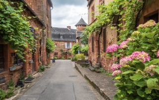 Facade de pierres rouges, et plantes vertes vue dans une rue du village de Collonges-la-Rouge – Corrèze